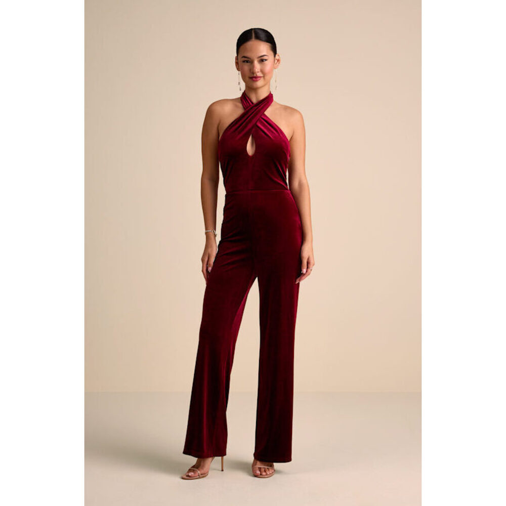 Lulus Yvania Burgundy Velvet Cross-front Halter Jumpsuit Red - Size M